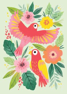 two birds flying over flowers and leaves on a light green background, with the words love written