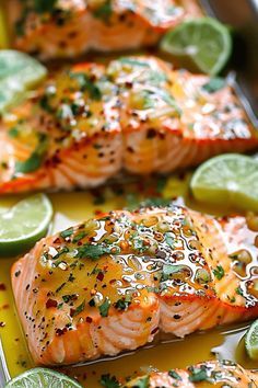 salmon with limes and seasonings on a baking sheet