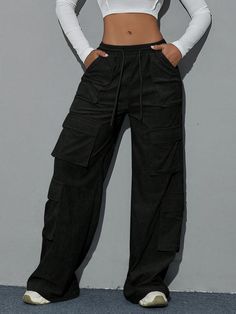 Y2k Flap Pocket Drawstring Waist Wide Leg Hip Hop Cargo Corduroy Pants Black Casual   Corduroy Plain Straight Leg Non-Stretch  Women Clothing, size features are:Bust: ,Length: ,Sleeve Length: Style Hip Hop, Black Cargo Pants, Estilo Hip Hop, Black Cargo, Pantalon Cargo, Corduroy Pants, Black Casual, Flap Pocket, Eos