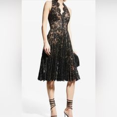 Black Lace, Pleated Dress, M. Lace Underskirt, With Beige Attached Slip. See Pic. Designer Sleeveless Evening Dresses, Designer Black Sleeveless Dress, Black Luxury Dress For Dinner, Black Luxury Dinner Dress, Luxury Black Dinner Dress, Designer Black Cocktail Dress, 60 Dress, Halter Cocktail Dress, Oh Polly Dresses