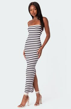 EDIKTED Stripe Strapless Rib Sweater Dress | Nordstrom Maxi Dress Strapless, Long Striped Dress, Rib Sweater, Girls Maxi Dresses, Ribbed Sweater Dress, Blue Striped Dress, Stripped Dress, Fit Back, Swimwear Dress