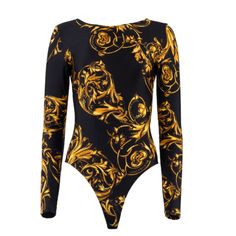 Regalia Baroque Printed Bodysuit. Original Price:$370 Long Sleeve Stretch Nylon Bodysuit With An All-Over Signature Print, A Round Neck, And A Deep Scoop Back. Highlights Composition 80% Nylon, 20% Elastane Gold Fitted Elegant Bodysuit, Elegant Fitted Gold Bodysuit, Luxury Black Party Bodysuit, Luxury Party Bodysuit, Elegant Fitted Bodysuit For Evening, Gold Elegant Evening Bodysuit, Elegant Gold Bodysuit For Evening, Elegant Gold Evening Bodysuit, Luxury Fitted Bodysuit For Party