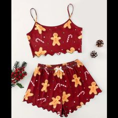 Red Pjs Set With Candycanes And Gingerbread Men Print. Cropped Spaghetti Strap Tank Top, And Mid-Rise Ruffled Shorts Red Pjs, Lounge Wear Summer, Backless Cami Top, Cute Pjs, Couple Pajamas, Cute Pajama Sets, Plus Lingerie, Short Loungewear, Christmas Pajama Set