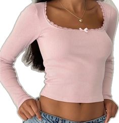 Y2k Ribbed Crew Neck Top, Cute Long Sleeve Ribbed Tops, Y2k Ribbed Tops For Spring, Cute Ribbed Tops For Fall, Sixthform Aesthetic, Tops Square Neck, Retro Streetwear, Knit Bottom, Knit Style