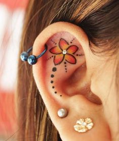 Ear Piercing Tattoo Ideas, Flower Ear Tattoo With Piercing, Tattoo Ear, Art Tattoos, Ink Ideas, Ear Piercing