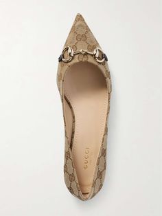 GUCCI Erin horsebit-embellished canvas-jacquard point-toe flats | NET-A-PORTER Gucci Flats, Brown Luxury, Luxury Flats, Flats Outfit, Orlebar Brown, Flat Dress Shoes, Dress Flats, Raffia Bag, Pointed Toe Flats