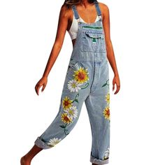 Sunflower Print Women's Fashion Denim Dungarees, Sleeveless, Women's Denim Cropped Overalls, Harem Pants, Jeans, Jumpsuits, Large. Sleeveless, Strap Pockets, Loose Ladies Overalls, Washed, Slim Overalls, Women's Casual Pants. Looking for some fun overalls then check out our Denim Daisy, Sunflower Jumpsuit.  ADJUSTABLE FIT. Built with adjustable shoulder straps, these overalls are designed to suit your needs.  CONVENIENT: These loose baggy style overalls come with two front pockets and two back p Womens Denim Overalls, Moda Denim, Style Overalls, Jumpsuit Casual, Denim Fashion Women, Denim Dungarees, Baggy Style, Womens Playsuits, Sunflower Print