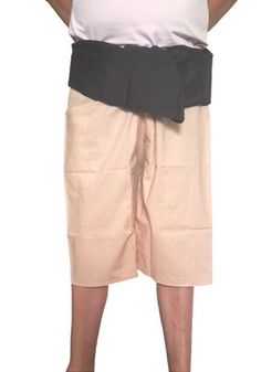 Thai Fisherman Pants 100% cotton wrap pants beige and black short pants unisex Wide Leg Beige Cotton Shorts, Beige Wide Leg Cotton Shorts, Beige Cotton Harem Pants With Pockets, Beige Cotton Harem Pants For Summer, Knee-length Khaki Cotton Bottoms, Cotton Wide Leg Pants With Built-in Shorts, Beige Harem Pants With Side Pockets For Summer, Summer Beige Harem Pants With Side Pockets, Beige Cotton Short Length Pants