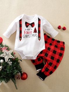 2pcs/Set Boys' Long Sleeve Plaid Christmas Bodysuit And Pants Gentleman Outfit, Autumn-Winter White     Geometric,Gingham,Letter  Slight Stretch  Newborn Baby Clothing, size features are:Bust: ,Length: ,Sleeve Length: Holiday Long Sleeve Sets For Fall, Holiday Fall Sets With Long Sleeves, Casual Long Sleeve Christmas Sets, Christmas Cotton Sets For Festive Occasion, Casual White Christmas Sets, Long Sleeve Holiday Sets, Festive Cotton Sets For Winter, Cotton Festive Winter Sets, Festive Winter Cotton Sets