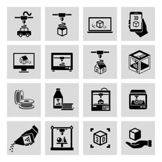 black and white icons on gray background - miscellaneous objects / items are grouped in this image