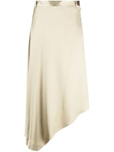 champagne satin finish high-waisted belt loops asymmetric design mid-calf length Asymmetrical Silk Bottoms For Spring, Spring Silk Asymmetrical Bottoms, Silk Bottoms With Asymmetrical Hem, Chic Silk Bottoms With Asymmetrical Hem, Formal Silk Skirt With Asymmetrical Hem, Chic Silk Skirt With Asymmetrical Hem, Elegant High-low Hem Draped Skirt, Elegant Draped High-low Skirt, Elegant Evening Draped Skirt With High-low Hem