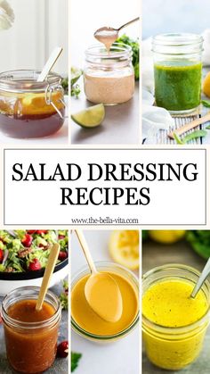 several different types of salad dressing in mason jars