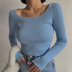 Solid Light Blue Top For Spring, Light Blue Solid Color Top For Spring, Light Blue Casual Tops, Fitted Light Blue Winter Tops, Fitted Light Blue Tops For Winter, Fitted Light Blue Top For Winter, Light Blue Long Sleeve Solid Color Top, Light Blue Long Sleeve Solid Top, Light Blue Long Sleeve Winter Top