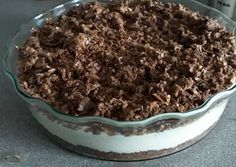 a cake in a glass dish on top of a counter