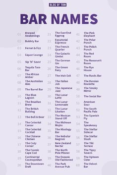 a list of bar names on a purple and white background with circles around the font