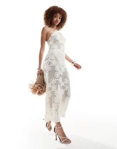 Chic Crochet Lace Dress With Spaghetti Straps, Chic Backless Crochet Dress For Spring, White Crochet Dress With Spaghetti Straps For Spring, Halter Neck Spring Dress With Lace Trim, Spring Halter Neck Dress With Lace Trim, Spring Fitted Crochet Dress With Spaghetti Straps, Fitted Crochet Dress With Spaghetti Straps For Spring, Fitted Spring Crochet Dress With Spaghetti Straps, Chic Lace Halter Neck Maxi Dress