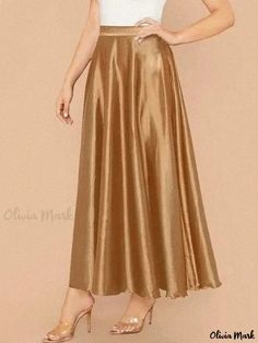 Olivia Mark - Glossy Satin Midi Skirt with Flowing Pleats Vintage 1950s Aesthetic, Fall Maxi, Maxi Dresses Fall, Dress Cake, Knit Midi Skirt, Satin Midi Skirt, Half Skirt, Sophisticated Dress, Floor Length Gown