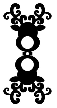 a black and white silhouette of a reindeer's head with swirls on it