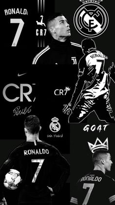 some black and white photos with different logos on them, including ronald ronald cr7