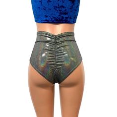 Our classic high waist hot pants with scrunch ruching detail in back to offer a "cheekier" look. These hot pants are made of stretchy gleaming silver holographic spandex and sit high on your natural waist. Wear as a bikini bathing suit bottom, panties, rave shorts, running shorts, etc. They have a built in liner and are made to be flattering to your figure. Metallic Shiny Stretch Bottoms, Metallic Stretch Disco Shorts, Fitted Shiny Metallic Bottoms, Fitted Metallic Shiny Bottoms, Shiny Fitted Shorts For Party, Metallic Shiny Bottoms For Club, Shiny Fitted Party Shorts, Metallic Stretch Swimwear For Club, Metallic Shiny Stretch Shorts