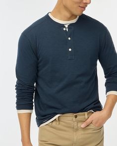 100% cotton. Everyday Cotton Crew Neck Henley, Cotton Relaxed Fit Henley For Casual Gatherings, Cotton Relaxed Fit Henley With Henley Neckline, Cotton Henley For Everyday Wear, Cotton T-shirt With Henley Neckline, Henley Tee, Fall Photos, J Crew Factory, Collar And Cuff