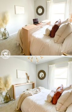 two pictures of a bedroom with white walls and beige bedding, one is empty