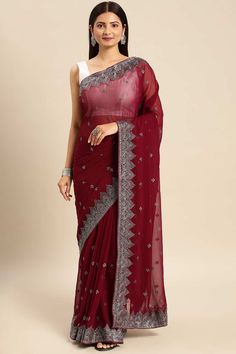 Product Features: Color: Wine Fabric: Pure Georgette Blouse Fabric: Pure Georgette Pattern: Embroidered Print Or Pattern: Floral Wash: Dry Clean Occasion: Party,Festive Product Type: sarees Disclaimer: There will be slight difference in digital to actual image Traditional Pre-draped Saree For Festive Party, Bollywood Style Embroidered Pre-draped Saree For Diwali, Bollywood Style Embroidered Pre-draped Saree For Party, Embroidered Pre-draped Saree For Eid Party, Festive Embroidered Georgette Blouse Piece, Embroidered Georgette Pre-draped Saree For Party, Party Dola Silk Embroidered Saree, Party Embroidered Pre-draped Saree In Chinon, Festive Embroidered Pre-draped Saree For Reception