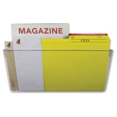 a magazine holder with files in it on top of a white background and yellow file folders