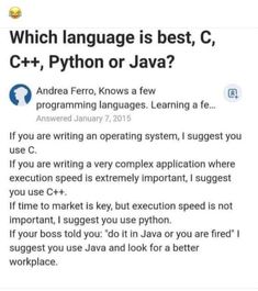 a tweet that reads which language is best, c + + python or programming?