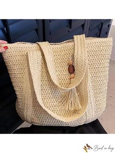 BirdinBag - Spacious Summer Straw Cut-Out Tote Bag, Top Zip Closure, for Womens Casual Beach Getaways Vacation Bag, Straw Beach Bag, Tassels Decor, Khaki Fashion, Woven Tote Bag, Casual Tote, Womens Casual, Shopper Tote, Beach Tote Bags