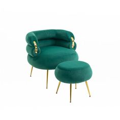 a green chair and ottoman with gold legs