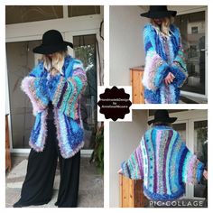 "Thank you so much for visiting my store !  100% handmade for you  wearable from size S to L This is a very cozy and fluffy cardigan ,beautiful ,in blue shades , unique and catch looks. Ideal for spring/autumn  days or summer nights. You can wear it over a dress(long or short) ,over jeans or over a stylish dress.  I used over 17 different kind of  yarns. WOMEN knitting cardigan  in dimensions :   length=100cm(39\") bust circumference=104 cm (41\")   Care: Machine wash at 30Celsius degrees(or col Childrens Scarf, Women Knitting, Cocoon Sweater, Fluffy Cardigan, Knitting Cardigan, Bohemian Jackets, Design Crochet, Cardigan Design, Cocoon Cardigan