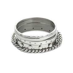 The Vigorous Stack, a five-piece silver bangle set featuring various styles with cubic zirconia accents. Bracelets 2022, Forever Rings, Braided Ring, Crystal Bangle, Casual Jewelry, Coin Ring, Stacked Bangles, Layered Jewelry, Stainless Steel Necklace