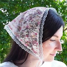 "Handmade Triangle head scarf/ Lace hair bandana/ kerchief with ties/  Pink floral bandana Cottagecore.   - Hair kerchief head scarf SIZE. APPROX.  11\"×20\" (28×50 cm) plus the length of the ties. - Head scarf for women MATERIALS.  Pink Lace, Lace ribbon, lace ties.  STYLE. Cottagecore/ Naturecore Lolitafashion/ Babushka Church head covering  If you need different size, please contact me.  Thanks! NOTE.  Hand wash only.  Remember that real color may vary  it depends on your screen resolution.  Shipping worldwide from Europe.  Thank you for visiting our shop!" Embroidery Bandana, Cottagecore Bandana, Babushka Style, Lace Bandana, Babushka Scarf, Triangle Head Scarf, Head Kerchief, Hair Kerchief, Pink Cottagecore