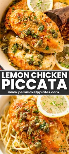 lemon chicken piccata in a white bowl with pasta