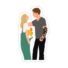 a man and woman standing next to each other with flowers in their hands sticker