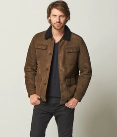 Men's Sheepskin Trucker Jacket in Dark Brown Winter Leather Jacket With Suede Lining, Masculine Leather Jacket For Workwear In Winter, Rugged Winter Leather Jacket For Work, Rugged Leather Jacket For Winter Workwear, Classic Winter Outerwear With Suede Lining, Winter Leather Jacket With Suede Lining For Work, Masculine Winter Leather Jacket With Pockets, Winter Workwear Leather Jacket With Suede Lining, Masculine Winter Leather Jacket