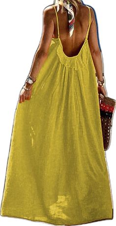 Yellow Solid Color Sundress, Non-stretch Solid Color Summer Maxi Dress, Non-stretch Solid Color Maxi Dress For Vacation, Solid Color Spring Sling Dress, Spring Solid Color Sling Dress, Spring Sling Dress In Solid Color, Yellow Solid Color Maxi Dress For Vacation, Backless Solid Color Sundress For Spring, Solid Color Suspender Dress For Vacation