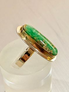 Excited to share this item from my #etsy shop: Pixie Turquoise Ring Natural Gem Faustite Emerald Green Turquoise Cabochon Set in 18k Gold 14k Gold & Sterling Silver Womens Size 7 Rectangle Ring, Bisbee Turquoise, Silversmith Jewellery, Sterling Silver Rings Bands, Cabochon Ring, Blue Gems, Green Turquoise, Natural Turquoise, Custom Rings