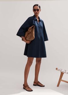 Cotton Poplin Swing Dress + Belt Navy Eclipse Versatile Fall Dresses For Workwear, Spring Stretch Shirt Dress, Relaxed Fit Workwear Dress With Placket, A-line Dresses With Relaxed Fit For Work, Versatile Cotton Dress For Spring, Versatile Cotton Spring Dresses, Versatile Relaxed Fit Dress For Day Out, Workwear Shift Shirt Dress, Versatile Relaxed Fit Dress For Work