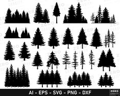 the silhouettes of pine trees are shown in black and white, with different sizes