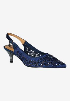 This sling back pump is made of satin/rhinestones with a synthetic lining and synthetic sole on a 2 inch heel.Satin UpperSynthetic LiningSynthetic OutsoleSlingback Pump available in sizes 5-11,12,13M-7-11,12,13W | Women's Diyara Slingback Pump by J. Renee in Navy (Size 6 1/2 M) Evening Synthetic Slingback Pumps, Evening Synthetic Kitten Heels With Low Heel, Low Heel Synthetic Slingback Pumps For Party, Low Heel Synthetic Slingback Pumps For Evening, Synthetic Low Heel Slingback Pumps For Party, Synthetic Low Heel Slingback Pumps For Evening, Ankle Strap Synthetic Kitten Heels For Evening, Synthetic Ankle Strap Kitten Heels For Evening, Ankle Strap Kitten Heels For Evening