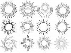 hand drawn sun and moon outlines on a white brick wall, set of nine