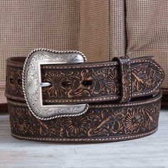 Distressed Leather Floral Belt Rustic Hand Tooled Adjustable Belt Buckles, Rustic Hand Tooled Adjustable Belts, Engraved Western Belt For Ranch, Western Style Engraved Belt For Ranch, Western Engraved Belts For Rodeo, Western Style Engraved Belts For Rodeo, Rustic Hand Tooled Belt For Western-themed Events, Western Style Embroidered Belt, Rustic Concho Belts For Rodeo