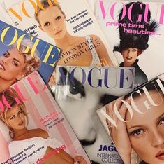 several magazine covers are stacked on top of each other in this pile, all showing different women's faces and hairstyles