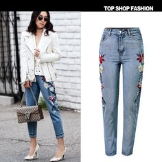 With the print patterns, this type of pant belongs to fashionable style. This type of pant belongs to slim fit type, which can let the girls and ladies wearing it taller and thinner. You can wear it to go shopping, visit and so on. I¡¯m sure you will like it.Material: DenimColors: BlueSize: XS, S, M, L, XL, 2XLWaistline: High WaistPocket: YesPattern: PrintFit Type: SlimOccasion: Casual, Street, ClubSeason: Sprint and AutumnClose Type: Zipper Trendy Straight Leg Pants With Floral Embroidery, Trendy Embroidered Straight Leg Pants, Spring Floral Embroidered Pants, Trendy Embroidered Pants For Fall, Trendy Embroidered Mid-rise Bottoms, Trendy High-waisted Embroidered Bottoms, Fitted Jeans Trousers For Spring, Fitted Jeans For Spring, Mid-rise Floral Embroidery Summer Pants