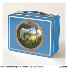 polar bear looking at the north pole wooden sign metal lunch box.comes in 6 colors..#metal #lunch #box #lunchbox Vintage Lunch Boxes, Vintage Lunch