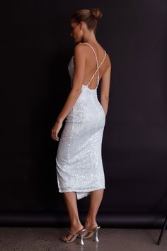 Shop the Miami Nights Cowl Neckline Twist Feature Midi Dress Sequin Silver | Selfie Leslie