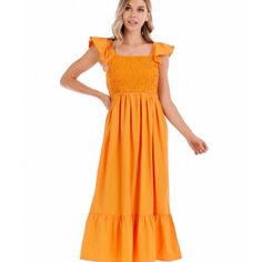 Beautiful Orange Dress For Occasion Solid Lined Midi Dress For Summer, Solid Summer Midi Dress Lined, Solid Summer Midi Dress With Lining, Orange A-line Midi Dress For Summer, Orange A-line Midi Summer Dress, Summer Orange A-line Midi Dress, Orange A-line Midi Dress For Vacation, Solid Midi Sundress For Brunch, Orange Ruffled Midi Sundress