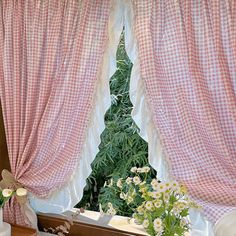 Korean Pink Gingham Curtain Gingham Decor, Grunge Aesthetic Room Decor, Grunge Aesthetic Room, Drapes Bedroom, Gingham Decorations, Gingham Curtains, Dark Academia Room Decor, Cute Vibe, Light Academia Room Decor